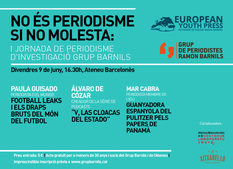 Primeres espases del periodisme debatran sobre investigació en corrupció a la I Jornada de Periodisme d’Investigació que organitzen el Grup Barnils i la European Youth Press